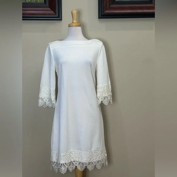beige by eci lace dress Cream Eyelash Lace Overlay Mock Neck Mini Dress main image 1